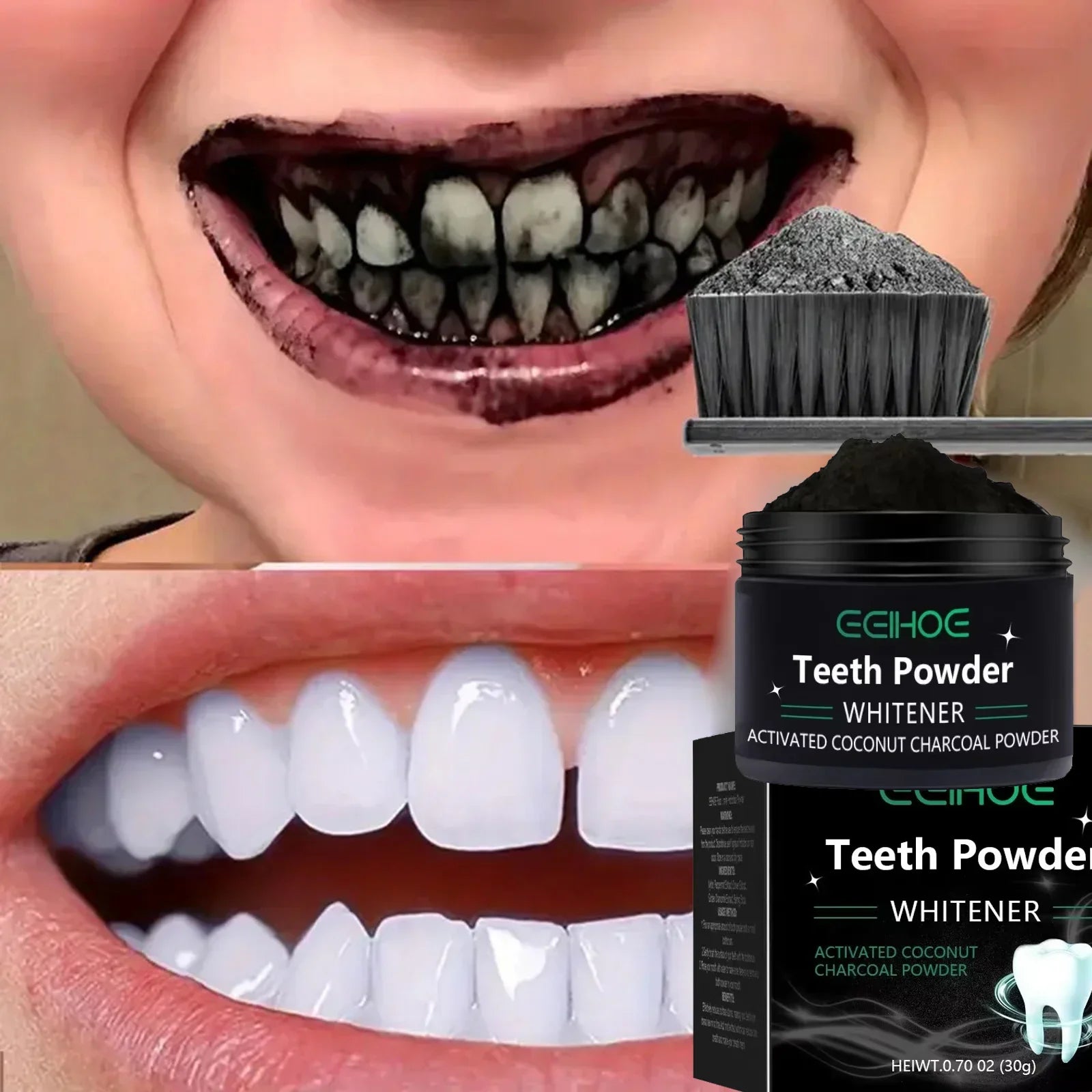 BreezyWhite Natural Deep Clean Teeth Whitening Powder - Mineral based daily stain remover and breath freshener for men and women. Charcoal 