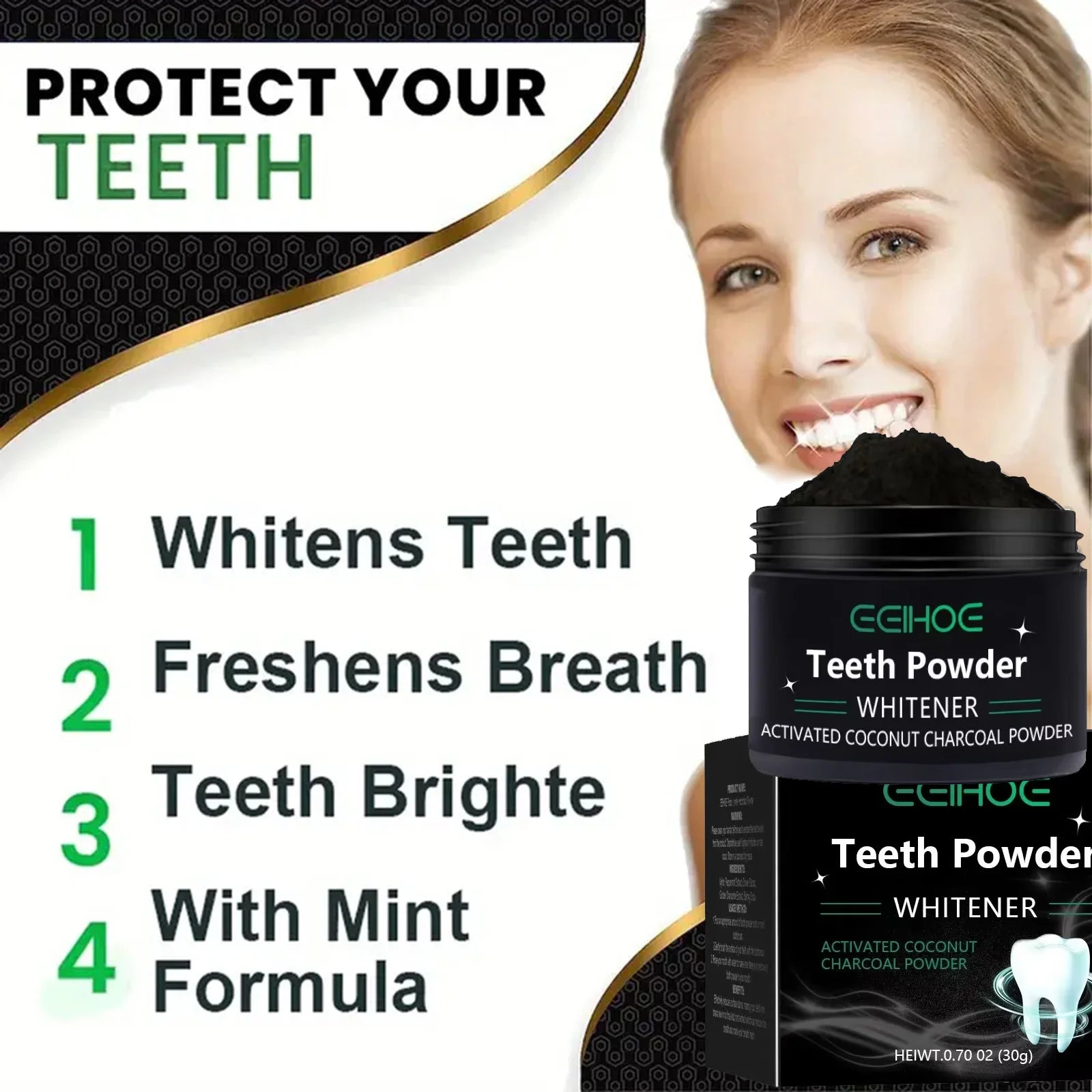 BreezyWhite Natural Deep Clean Teeth Whitening Powder - Mineral based daily stain remover and breath freshener for men and women. Charcoal 