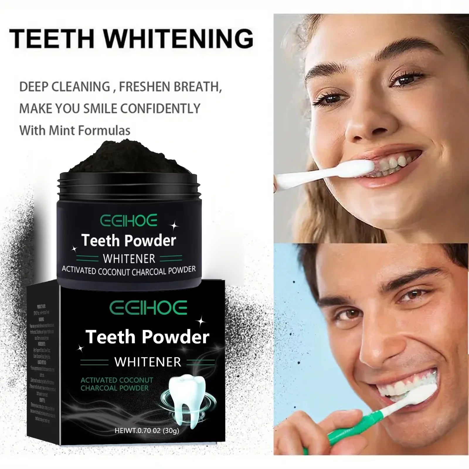 BreezyWhite Natural Deep Clean Teeth Whitening Powder - Mineral based daily stain remover and breath freshener for men and women. Charcoal 